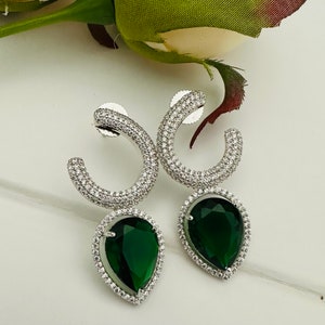 Emerld green diamond earrings/rhodium finish earrings/green white gold earrings