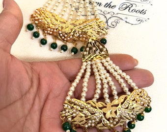 Jadau Indian Earrings: Gold-Plated Pearls & Green Beads