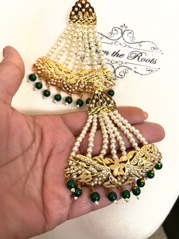 White Big Punjabi Traditional Earrings with Tikka | FashionCrab.com |  Traditional earrings, Bold statement jewelry, Exclusive designer jewellery