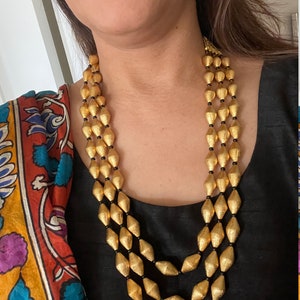Dholki beads Mala/dholki bead in gold tone/dholki beads in dual tone/2 tone dholki beads/ necklace/3-strings a perfect gift for mother’s day