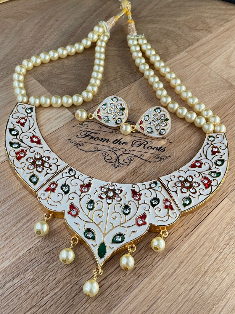 White,red and green Meenakari set with AD stones white enamel chokernecklacecollarhand painted one of a kind set with AD stones
