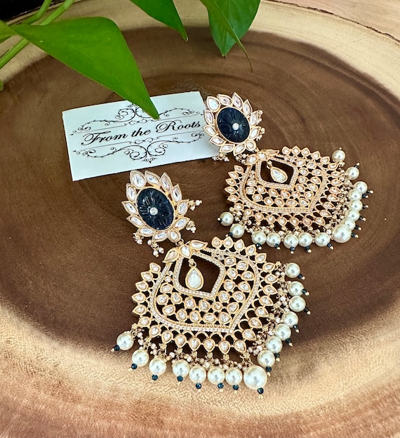 Statement Chandbalis With Carved Stones designer Inspired Lightweight Chandbalis kundan Big Size Chandbalis indian Earring pakistani Earring Etsy