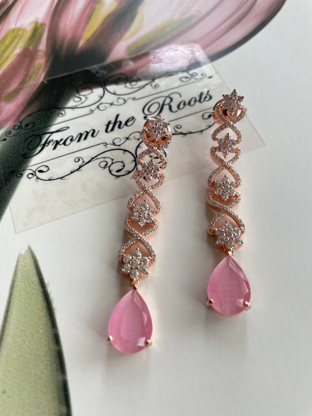 green emerald velvet dress Crystal Long Drop Bridal Earrings Rose Gold