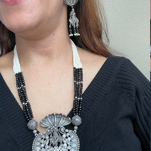 Black n white German silver long necklace set/Krishna necklace set with stones/oxidized necklace set