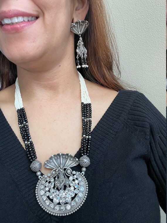 Black N White German Silver Long Necklace set/Krishna Necklace Set with stones/oxidized Necklace Set