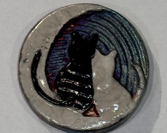 Raku Ceramic Cats Moon Medallion | Copper Matte Crackle Pendant (1.5")