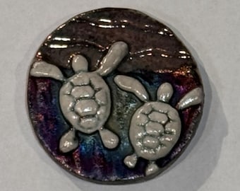 Handmade Raku Ceramic Medallion | Sea Turtle Babies, Copper Crackle Glaze, 1.5" Pendant