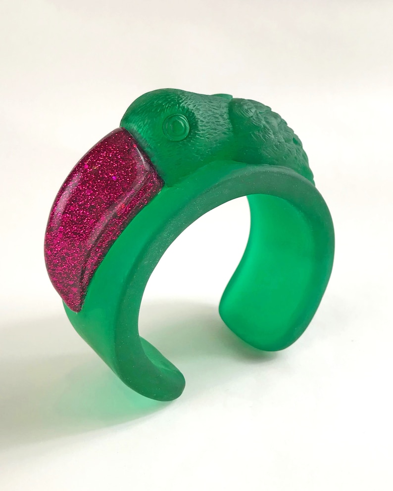 Handmade Bracelet TOUCAN Eco Resin Bangle Cuff in Green and Fuchsia Pink Wearable Art Gifts For Her Unique Jewellery