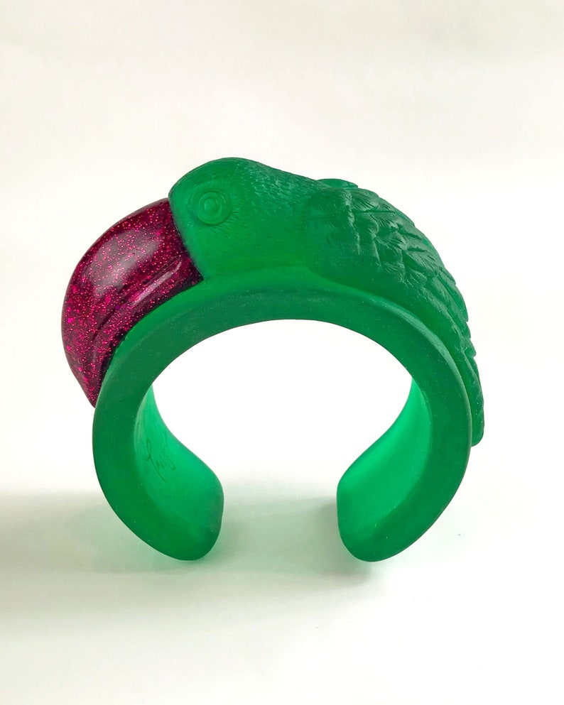 Handmade Bracelet TOUCAN Eco Resin Bangle Cuff in Green and Fuchsia Pink Wearable Art Gifts For Her Unique Jewellery