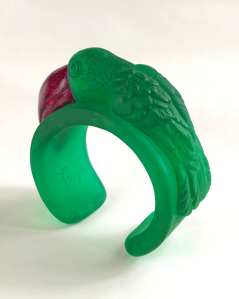 Handmade Bracelet TOUCAN Eco Resin Bangle Cuff in Green and Fuchsia Pink Wearable Art Gifts For Her Unique Jewellery