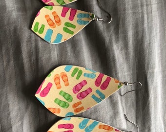 Floral or flip flop faux vegan leather leaf shape earrings