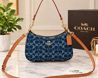 COACH CAF82 Teri Shoulder Bag Signature Denim Blue Vachetta Leather Outlet New