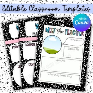 Könnte beinhalten: Eine Sammlung bearbeitbarer Klassenvorlagen mit einem Design aus schwarzem und weißem Notizbuchpapier. Die Vorlagen umfassen "Meet the Teacher" und Erinnerungsseiten. Der Text "Editable Classroom Templates" und "edit in Canva" sind ebenfalls sichtbar.