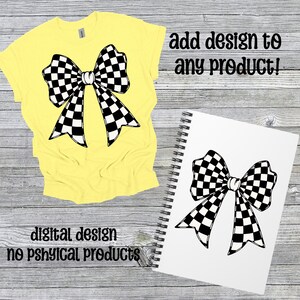 Pode incluir: Uma camiseta amarela e um caderno espiralado com um desenho de la&ccedil;o xadrez em preto e branco. A camisa tem o gr&aacute;fico do la&ccedil;o na frente. O caderno tem o gr&aacute;fico do la&ccedil;o na p&aacute;gina. O texto na imagem diz: "add design to any product!" e "digital design no physical products."