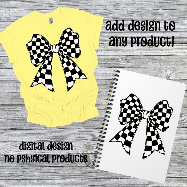 Pode incluir: Uma camiseta amarela e um caderno espiralado com um desenho de la&ccedil;o xadrez em preto e branco. A camisa tem o gr&aacute;fico do la&ccedil;o na frente. O caderno tem o gr&aacute;fico do la&ccedil;o na p&aacute;gina. O texto na imagem diz: "add design to any product!" e "digital design no physical products."
