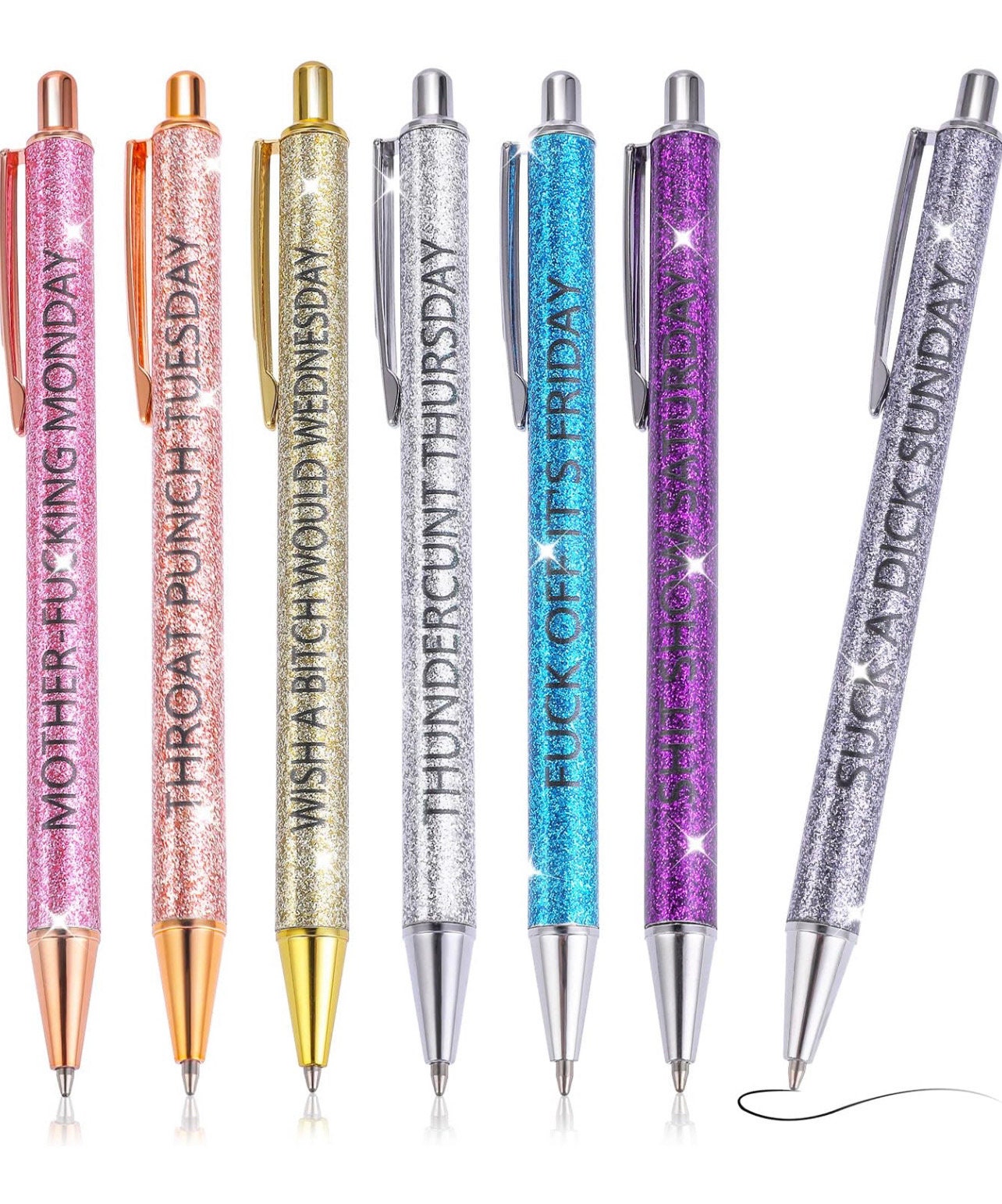 Custom Profanity Days of the Week Glitter Pens -Custom Glitter Gel Pen -  Refillable Glitter Pens - Black Ink Gel Pens - Custom Gifts - Gift