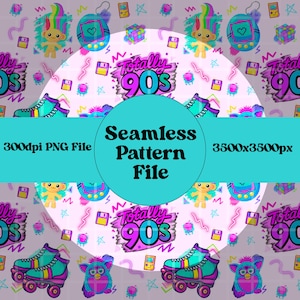 May include: Seamless pattern file with a 90s theme. The design features roller skates, Furby toys, Tamagotchis, Rubik's Cubes, and the text "Totally 90s". The background is light purple with repeating elements.