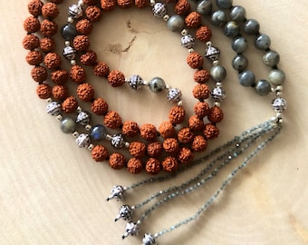 Rudraksha mala beads necklace,labradorite necklace for women japa mala prayer beads,knotted mala necklace women boho necklace for girlfriend