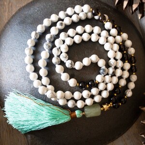 Howlite Smoky Quartz Green Jade Mala 108 Japa Prayer Beads for Meditation and Healing Hand Knotted Spiritual Necklace