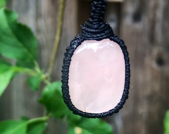 ROSE QUARTZ STONE Necklace, Crystal Pendant Jewelry, Macrame Style