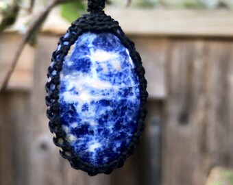 Sodalite necklace for women, sodalite pendant necklace men, gemstone necklace for mom. macrame necklace for men, macrame gemstone necklace