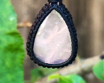 ROSE QUARTZ STONE Necklace, Crystal Pendant Jewelry, Macrame Style