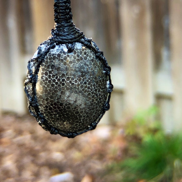 Fossil coral necklace men, black fossil coral pendant women, macrame necklace for men, macrame gemstone necklace, stingray fossil coral