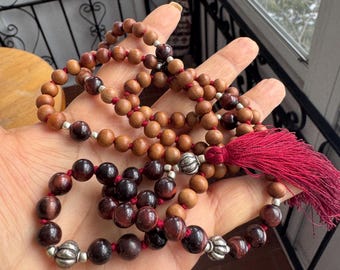 SANDALWOOD RED TIGER 108 bead japa mala meditation necklace tassel