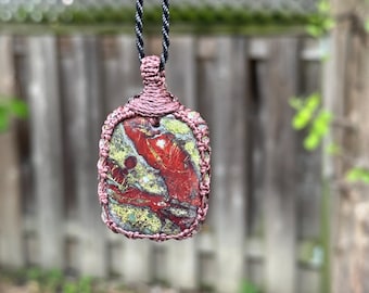 DRAGON BLOOD JASPER Pendant necklace, green red stone jewelry, macrame necklace, healing crystal