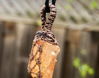 TANGERINE QUARTZ NECKLACE Pendant, Natural Crystal Jewelry, Macrame Gemstone