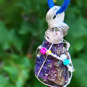 peacock ore pendant necklaces for women, chalcopyrite necklace, bornite peacock ore jewelry, raw stone necklace, wire wrap crystal pendant image 2