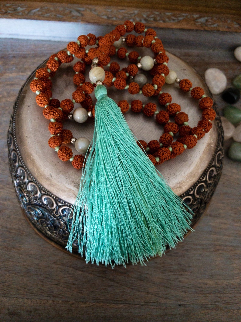 Tassel Necklace japa mala gift yoga mala gift Amazonite mala Rudraksha Mala mala Bead 108 prayer beads gift for yogi