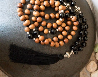 Collana di sandalo per le donne, nero onyx mala annodato, japa mala perline 108 mala collana, collana di perline di preghiera, regalo amante yoga per lei