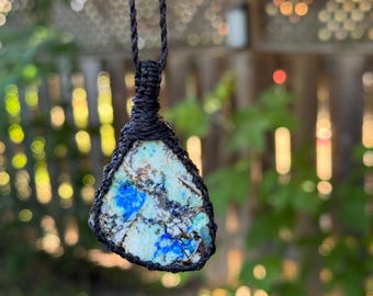 Azurite Turquoise Pendant Necklace, Macrame Gemstone Necklace, Blue Green Stone necklace, Healing Crystal Necklace for men, Boho Jewelry