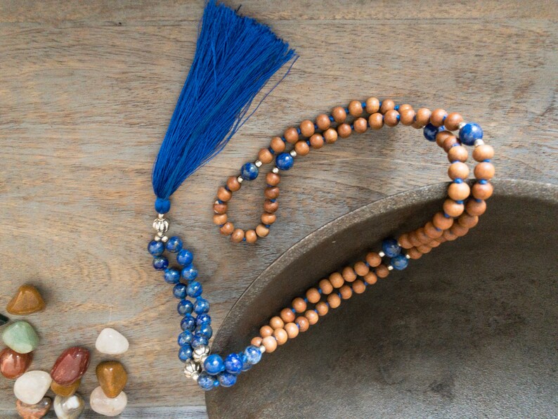 japa mala gift yoga mala gift mala Bead Necklace tassel necklace gift for yogi, 108 prayer beads Sandalwood mala Lapis Lazuli Mala