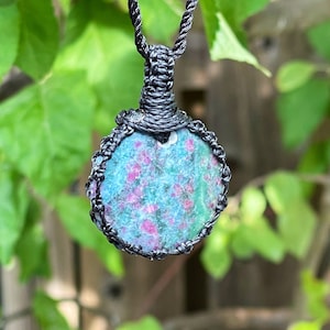 RUBY IN KYANITE necklace, ruby kyanite pendant necklace, ruby pendant, kyanite pendant necklace, macrame gemstone necklace, kyanite necklace