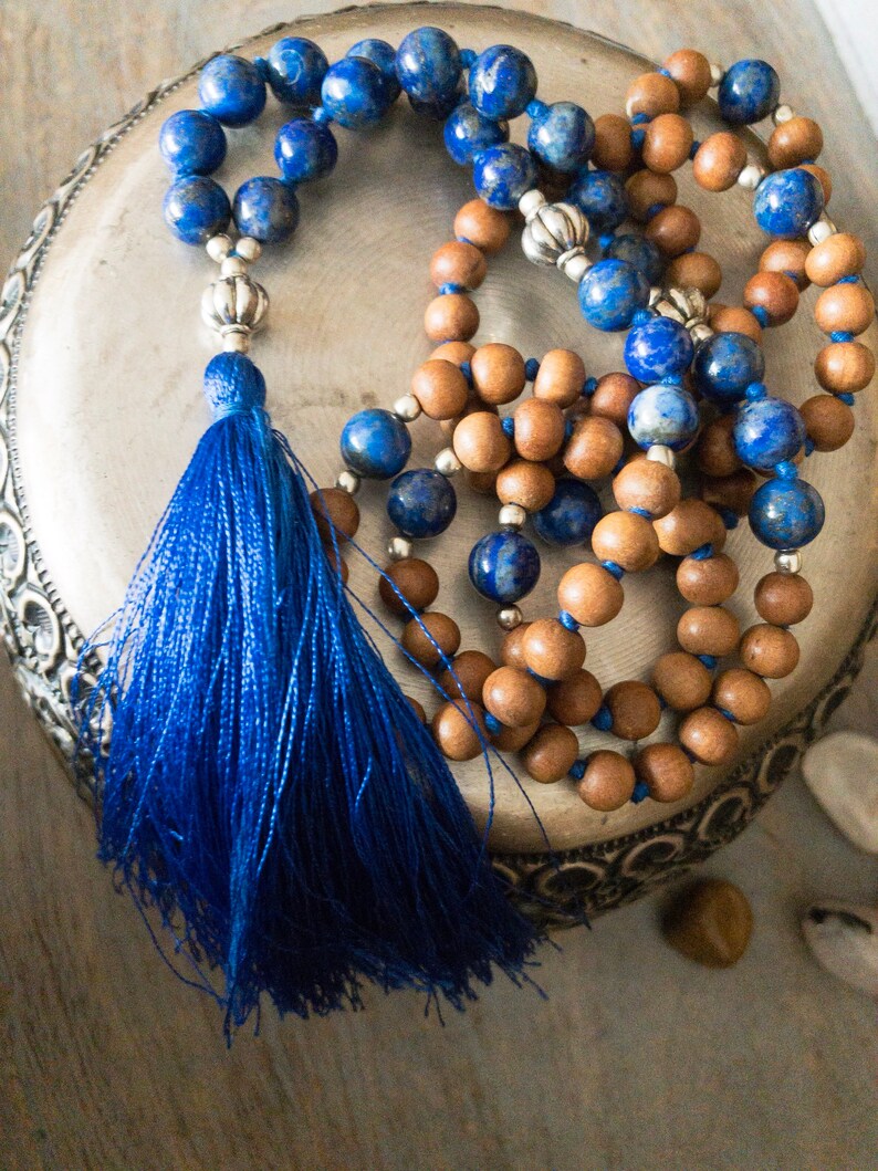 japa mala gift yoga mala gift mala Bead Necklace tassel necklace gift for yogi, 108 prayer beads Sandalwood mala Lapis Lazuli Mala