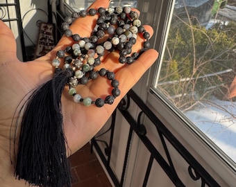 LAVA TREE AGATE 108 Mala – Grounding Healing Tassel Necklace