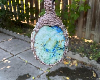 Azurite Turquoise Pendant Necklace, Macrame Gemstone Necklace, Blue Green Stone necklace, Healing Crystal Necklace for men, Boho Jewelry