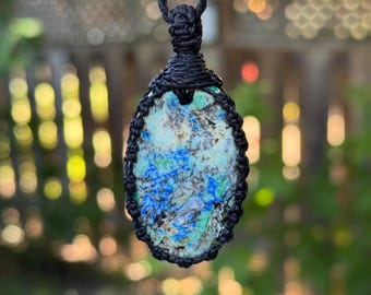 Azurite Turquoise Pendant Necklace, Macrame Gemstone Necklace, Blue Green Stone necklace, Healing Crystal Necklace for men, Boho Jewelry