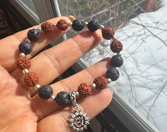 RUDRAKSHA LAVA BRACELET – 925 Sterling Silver Om Charm, Healing Yoga Mala Jewelry
