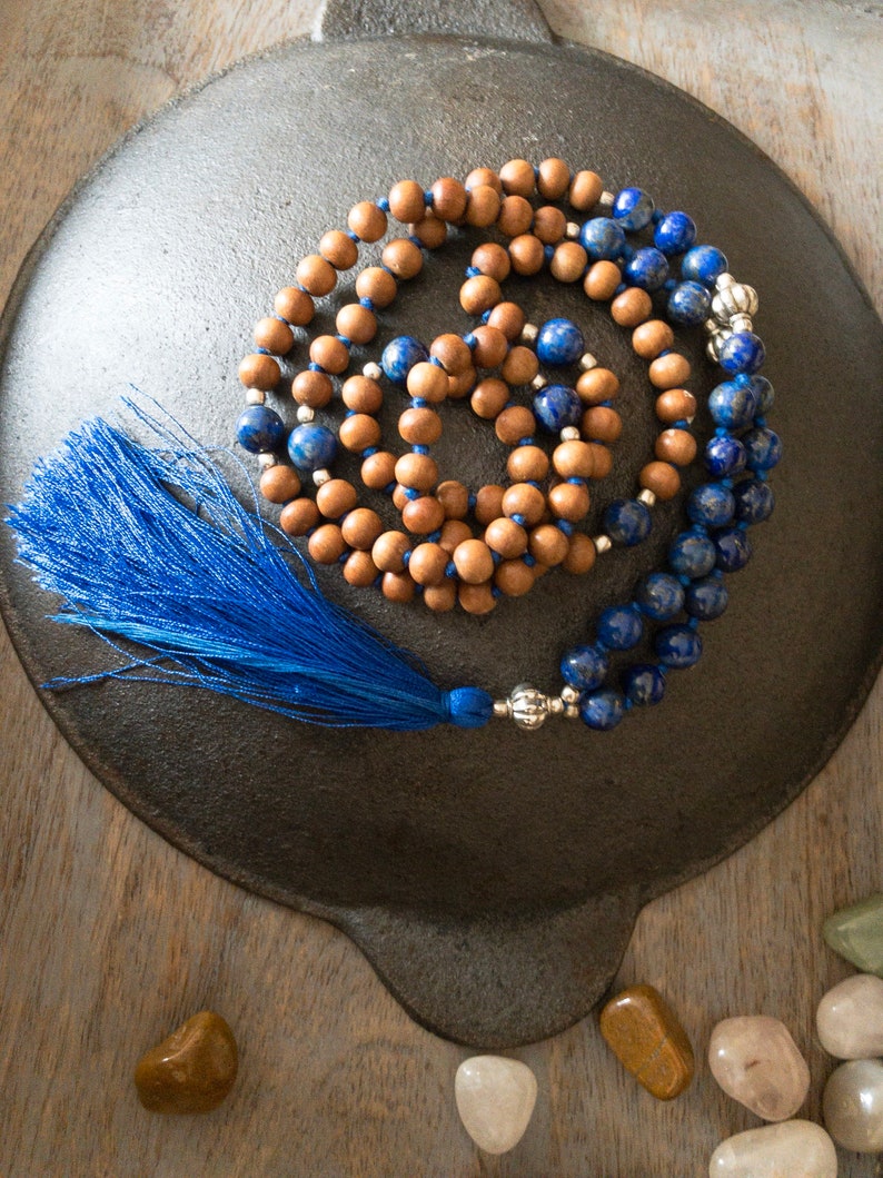 japa mala gift yoga mala gift mala Bead Necklace tassel necklace gift for yogi, 108 prayer beads Sandalwood mala Lapis Lazuli Mala