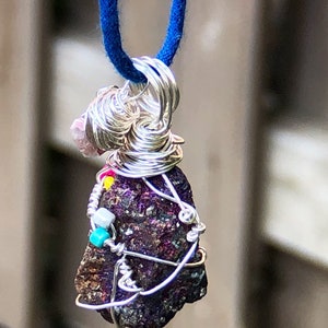 peacock ore pendant necklaces for women, chalcopyrite necklace, bornite peacock ore jewelry, raw stone necklace, wire wrap crystal pendant image 9