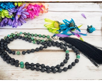 Lava-Perlen-Halskette für Frauen, grün Türkis Halskette Männer, Japa Mala Perlen 108 Mala Halskette, Gebet Perle Halskette, Yoga-Liebhaber-Geschenk für Sie