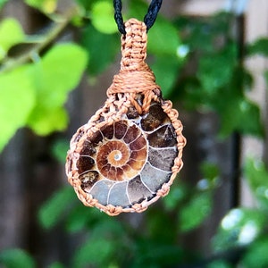 Ammonite Macrame Necklace, ammonite jewelry for sale, ammonite jewelry, grounding necklace for her, ammonite fossil jewelry, fossil necklace