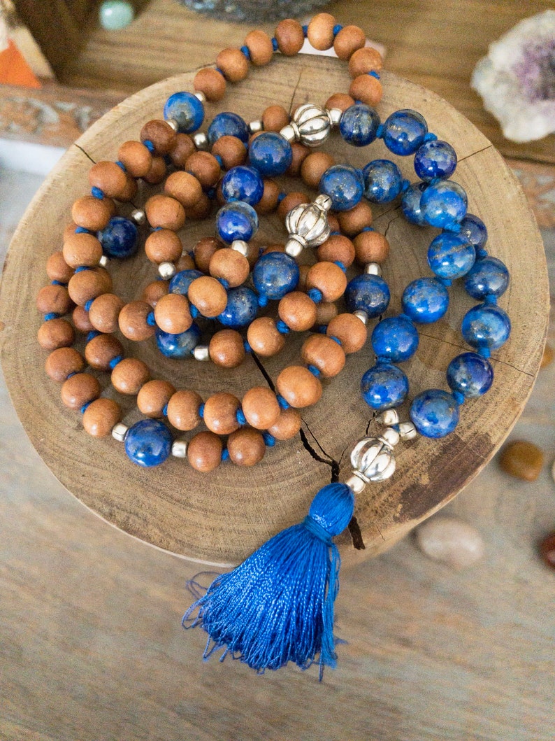 japa mala gift yoga mala gift mala Bead Necklace tassel necklace gift for yogi, 108 prayer beads Sandalwood mala Lapis Lazuli Mala