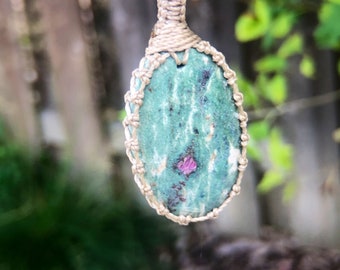 Ruby Fuchsite pendant necklace for women, July birthstone jewelry,Ruby pendant,Ruby jewellery,Healing stone pendant for men,Macrame necklace