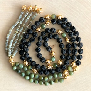 Black Rudraksha & Green Cat’s Eye Mala – Hand-Knotted Spiritual Necklace