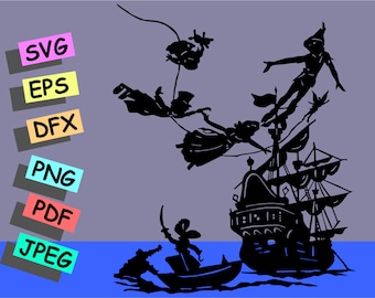 Fantasy Flying Silhouette Pan SVG, Adventure Pirates Ship Wall Art, Fairy Tale Cut File, Cricut Laser CNC, DXF, Instant Download