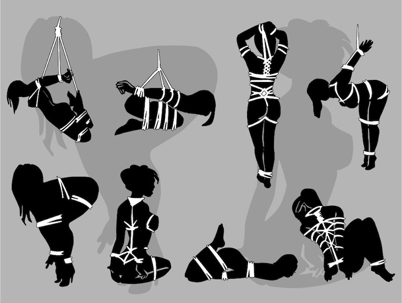 May include: Silhouettes of people tied up with rope in various poses. The people are all in black and the ropes are white.
